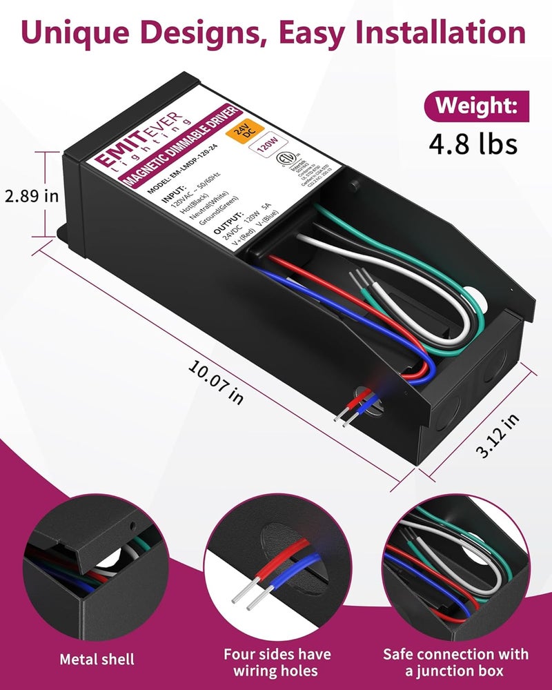 EMITEVER 120W Magnetic Dimmable LED Drvier, 24V Transformer Magnetic Power Supply 120VAC to 24VDC, Compatible with Lutron and Leviton Dimmer, for LED Strip Light,Kitchen,Cabinet,ETL Listed - Image 5